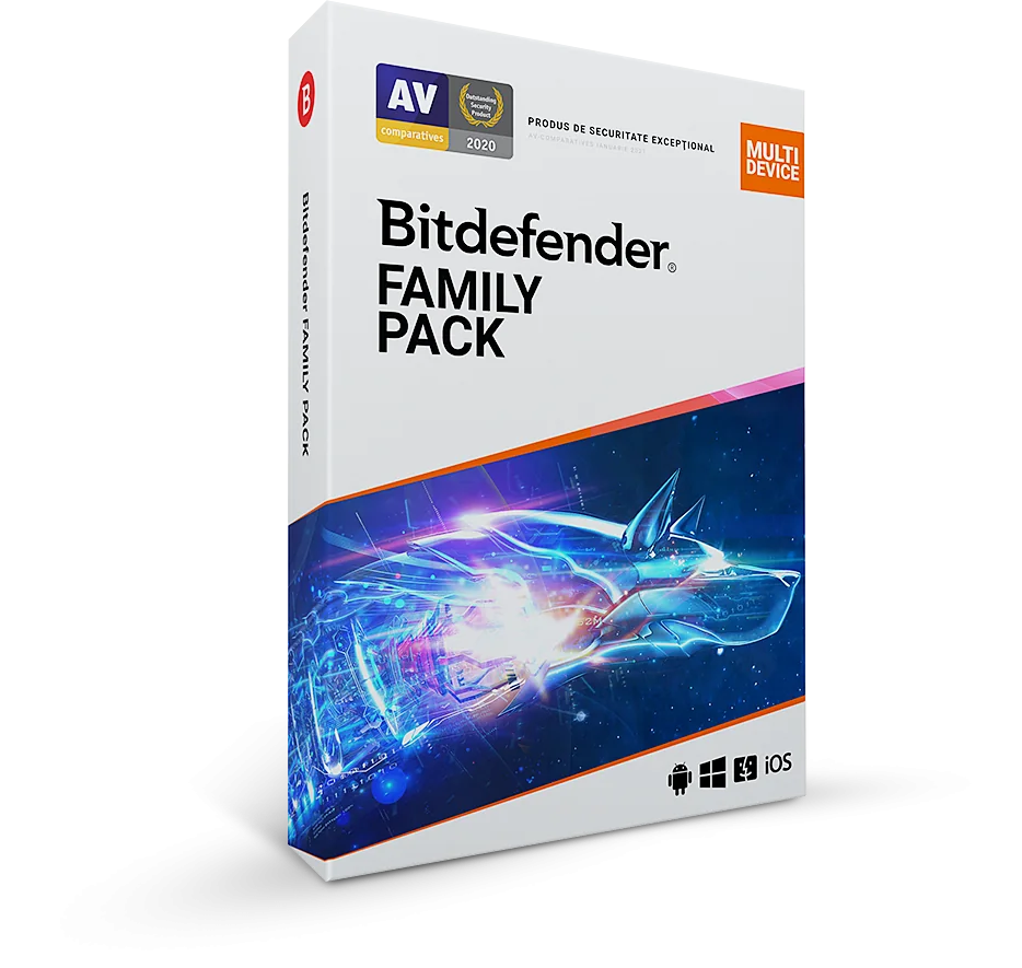 Licenta retail Bitdefender Family Pack - protectie anti-malwarecompleta pentru toata familia, disponibila pentru Windows, macOS, iOS si Android, valabila pentru 1 an, 15 dispozitive, new.