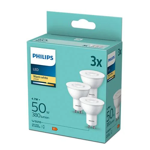 3 Becuri LED Philips Spot, GU10, 4.7W (50W), 380 lm, lumina calda(2700K) Philips