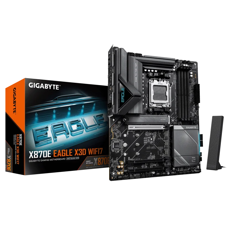 GIGABYTE X870E EAGLE X3D WIFI7. Processor manufacturer: AMD, Processor socket: Socket AM5, Compatible processor series: AMD Ryzen 7000 Series, AMD Ryzen 8000 Series, AMD Ryzen 9000 Series. Supported memory types: DDR5-SDRAM, Maximum internal memory: 256