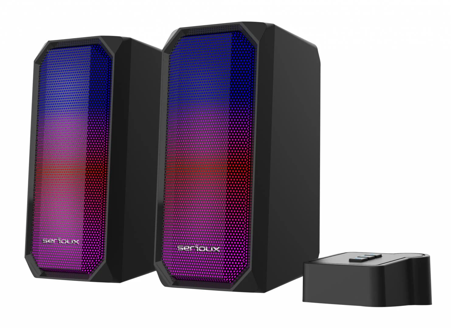 Boxe gaming 2.0 Serioux Kyro RGB, Functie Dual Mode Bluetooth, putere: 3W x 2, impedanță: 4Ω, frecvență: 150Hz - 20KHz, sensibilitate : 650mv± 50mv, alimentare: DC5V / 1A, S / N: ≥75dB, dimensiunea driverului: 2,5 inch x 2, conexiune: 3.5mm jack TRS, RGB