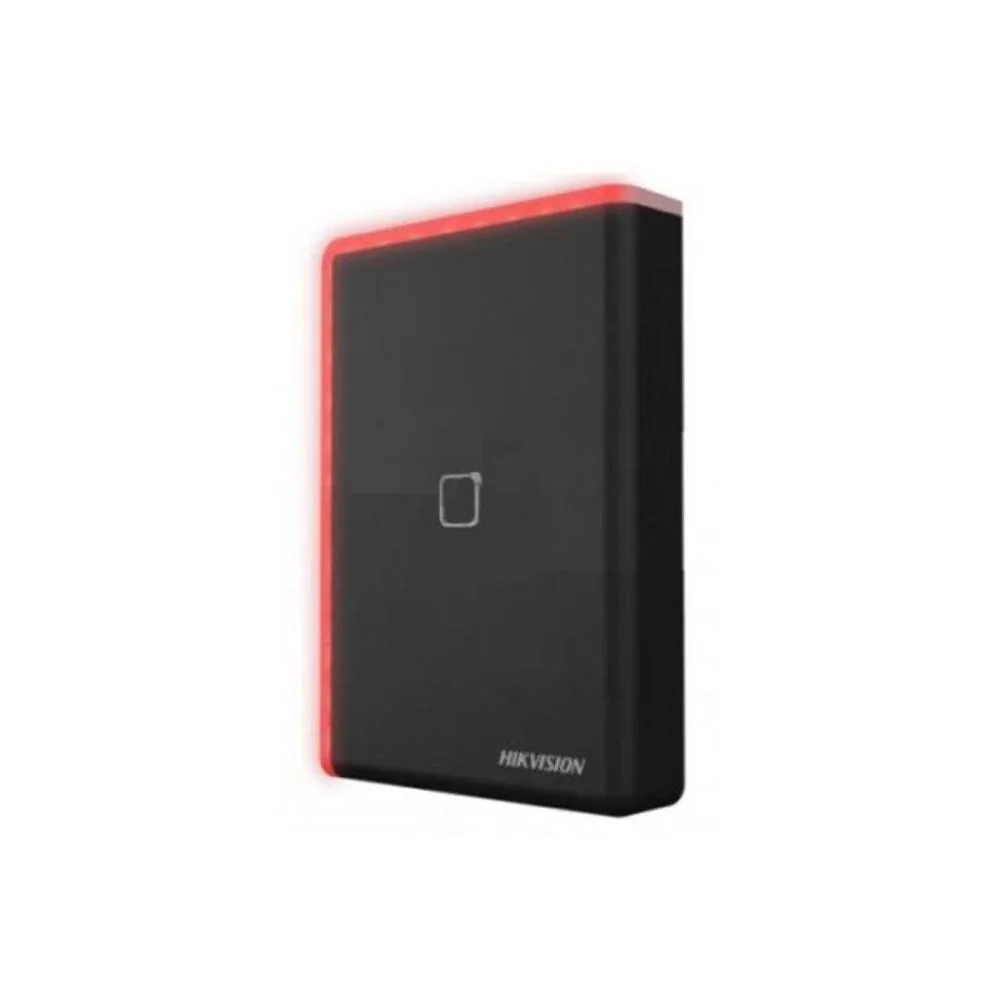 Cititor card Hikvision DS-K1108AE, citeste carduri EM 125 KHz, distanta citire: ⤠50 mm, comunicare: RS-485, Wiegand (W26, W34) protocol si OSDP protocol, indicator LED de stare si alimentare, tamper, buzzer, alimentare: 12 VDC, IP65, dimensiuni: 123 mm
