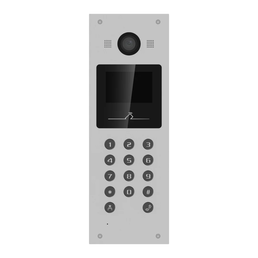 Post videointerfon de exterior pentru blocuri Hikvision DS-KD3003-E6, monitor LCD color  3.5-inch, rezolutie 480 × 320, camera video 2MP HD, unghi vizualizare: 120° wide, deschidere cu card si cod pin, capacitate utilizatori: 10000, capacitate conectare