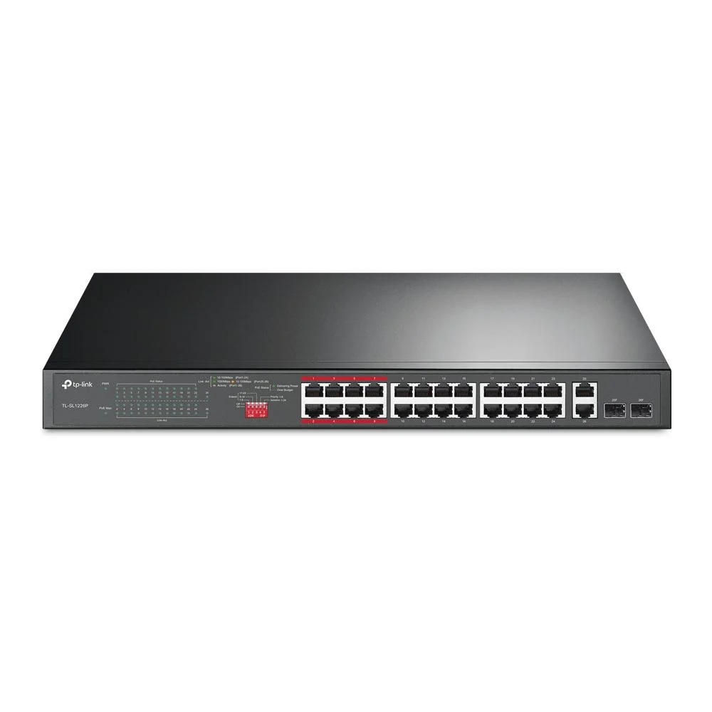 Switch TP-Link TL-SL1226P, 24 porturi PoE+ 10/100Mbps, 2 porturi Gigabit RJ45, 2 sloturi SFP combo TP-Link