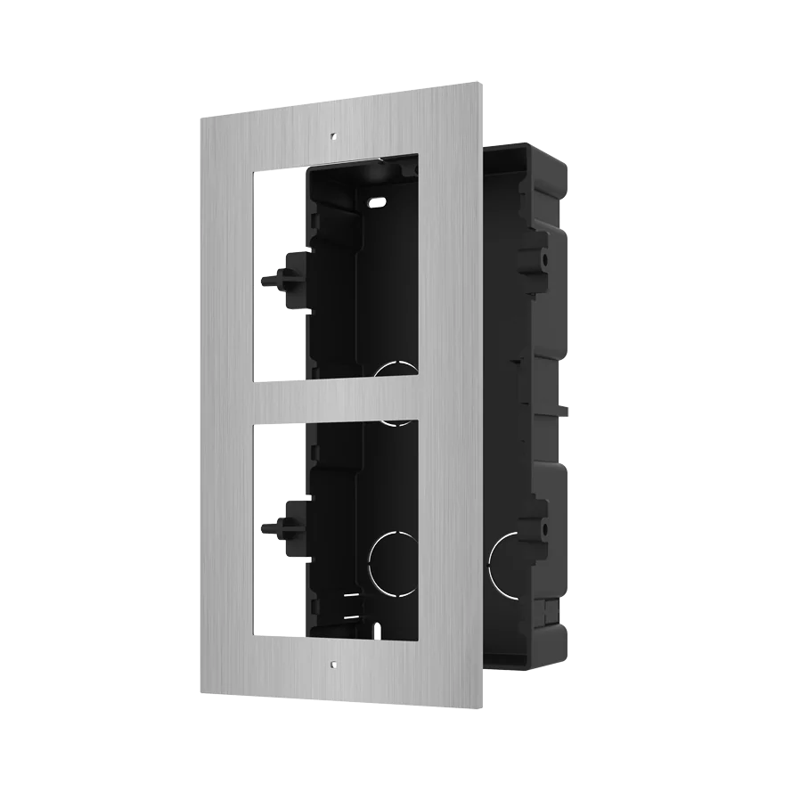 Panou frontal pentru 2 module de videointerfon modular Hikvision DS-KD- ACF2/S; permite conectarea a 2 module de interfon modular; montare incastrata; material otel inoxidabil; doza de plastic inclusa; dimensiuni:236mm x 124mm x 4mm;
