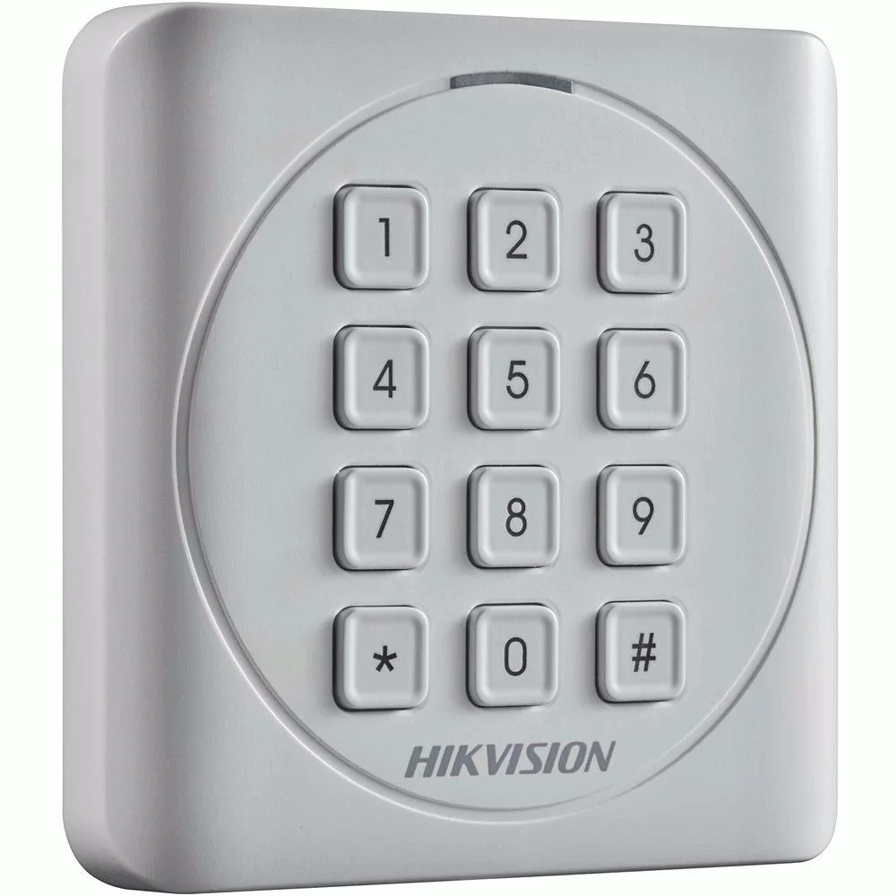 Cititor card cu tastatura Hikvision DS-K1801MK, citeste carduri MIFARE 13.56MHz, distanta citire: 50mm, comunicare: Wiegand 26/34 protocol, tastatura cu 12 butoane, indicator LED de stare si alimentare; alimentare: 12VDC, IP65, dimensiuni: 87Ć87Ć13.3mm