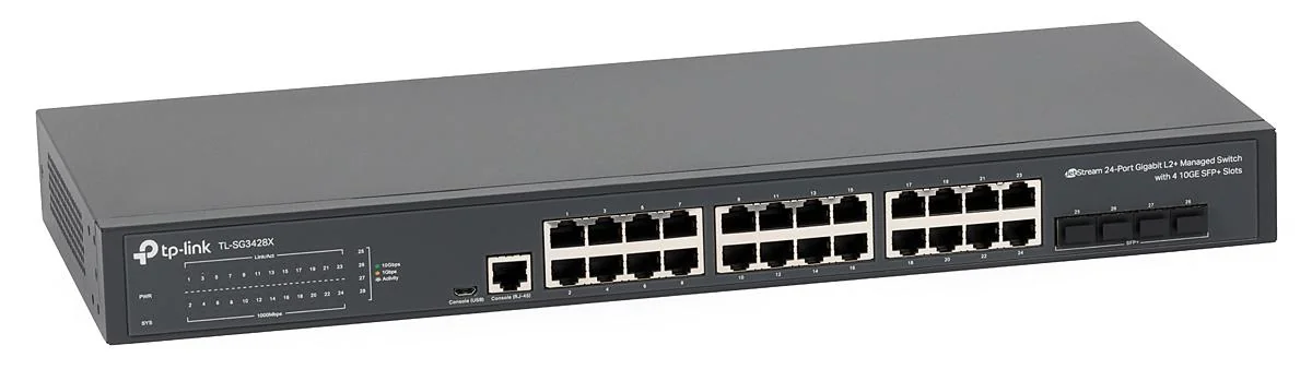 "JetStream™ 24-Port Gigabit L2+ Managed Switch with 4 10GE SFP+ Slots PORT: 24× Gigabit RJ45 Ports, 4× 10G SFP+ Slots, RJ45/Micro-USB Console Port SPEC: 1U 19-inch Rack-mountable Steel Case FEATURE: Integration with Omada SDN Controller, Static Routing,
