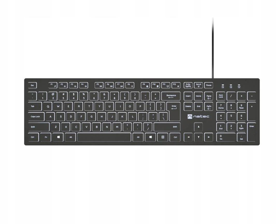 Tastatura Natec cu fir Herring Slim, membrana, iluminare alb taste, lungime cablu 150cm, 105 taste, layout ANSI-ISO, negru