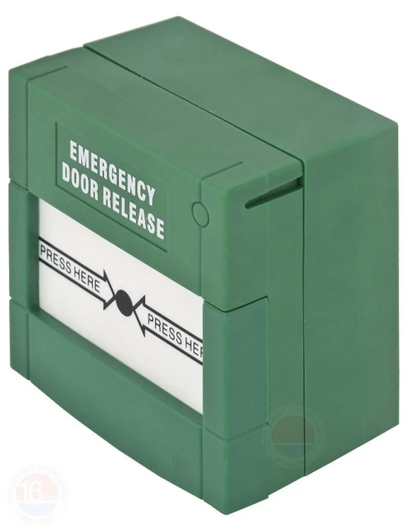 Buton aplicabil din plastic pentru iesire de urgenta; Material: plastic, culoare verde; 2x contacte NO/NC; Other