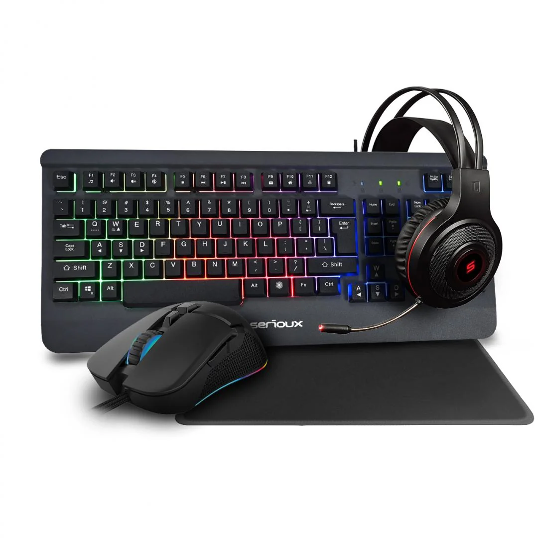 Kit Gaming Serioux Kayel 4 in 1, Tastatura de gaming, 104 taste, 19 taste Anti-ghosting , design slim, iluminare rainbow, structura metalica gri, taste negre + design cu palm rest, cablu USB 1.5M PVC, plug and play; Mouse gaming, senzor Sunplus 199,