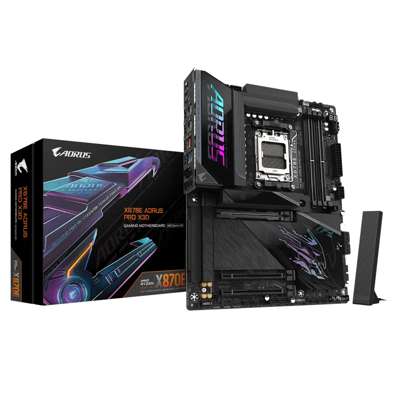 GIGABYTE X870E AORUS PRO X3D. Processor manufacturer: AMD, Processor socket: Socket AM5, Compatible processor series: AMD Ryzen 7000  Series, AMD Ryzen 8000 Series, AMD Ryzen 9000 Series. Supported memory types: DDR5-SDRAM, Maximum internal memory: 256