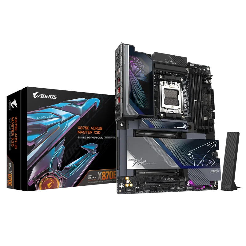 GIGABYTE X870E AORUS MASTER X3D. Processor manufacturer: AMD, Processor socket: Socket AM5, Compatible processor series: AMD Ryzen 7000 Series, AMD Ryzen 8000 Series, AMD Ryzen 9000 Series. Supported memory types: DDR5-SDRAM, Maximum internal memory: 256