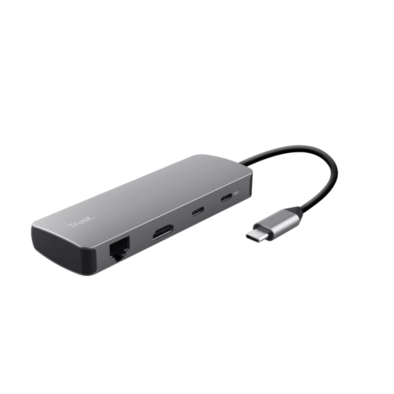 Adaptor Trust Dalyx 8 in 1, USB 3.2 gen 1, 2.0, lungime cablu 15cm, port Ethernet, gri