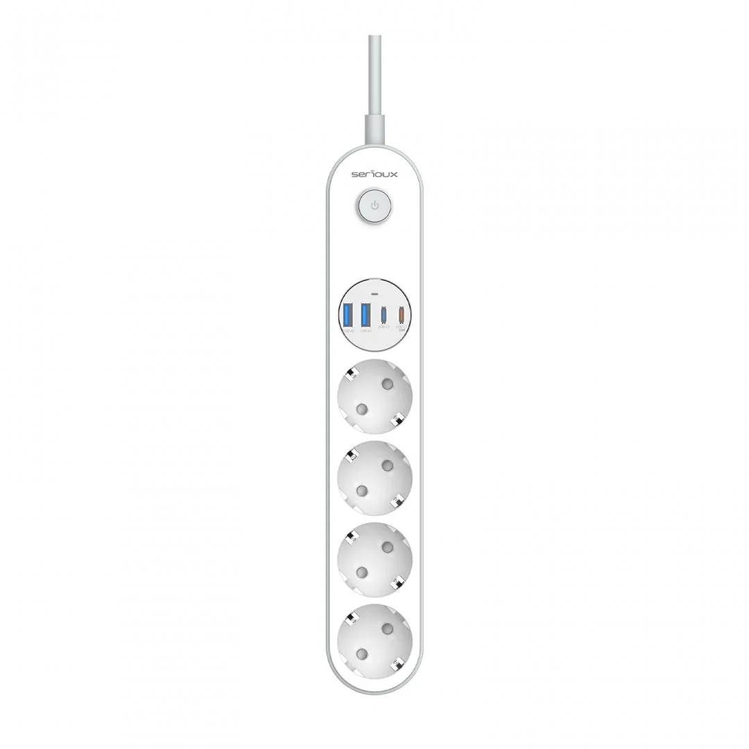 Prelungitor cu protectie Serioux SRXP-PS44W, 4 prize schuko, Tensiune intrare: 100-240V, 50-60Hz, Tensiune ieşire (total): 2500W-10A, 4 porturi USB (auto max), USB-C1-20W si USB-C2/A1/A2-12W, Amperaj port USB (max): 3.4A, Funcţie auto ID