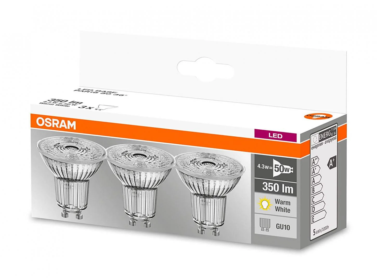 3 Becuri LED Osram Base PAR16 36°, GU10, 4.3W (50W), 350 lm, luminacalda (2700K) Osram