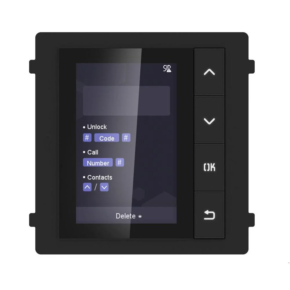 Modul de afisare pentru videointerfon modular Hikvision DS-KD-DIS; ecran LCD 3.5 inch, rezolutie 320x480P; 4 butoane de operare; memorie pentru 500 de contacte; apelare din lista de contacte; deschidere usa cu Pin cu ajutorul modului de tastatura( nu