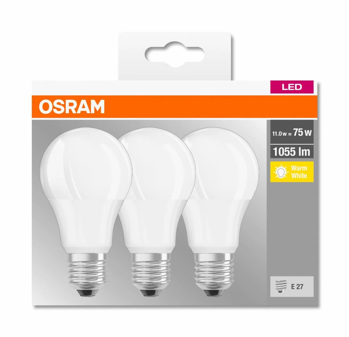 3 Becuri LED Osram Base Classic A, E27, 10W (75W), 1055 lm, luminacalda(2700K) Osram