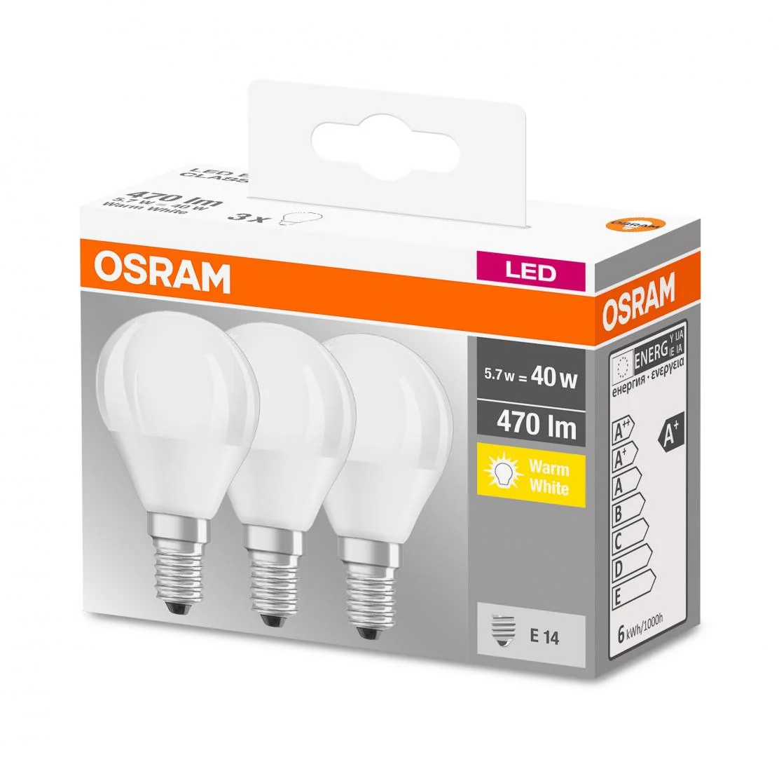3 Becuri LED Osram Base Classic B, E14, 4.9W (40W), 470 lm, luminacalda(2700K) Osram