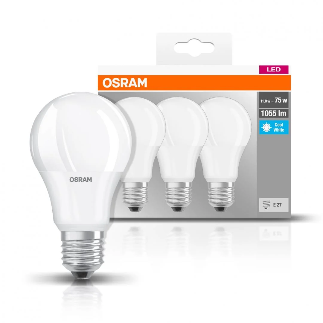 3 Becuri LED Osram Base Classic A, E27, 10W (75W), 1055 lm, lumina neutra (4000K) Osram