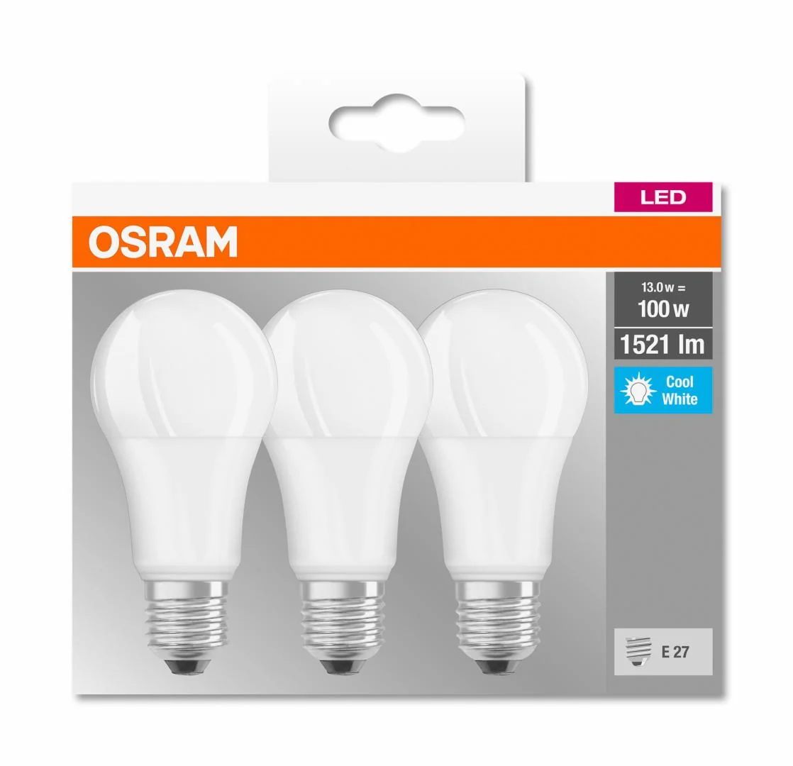 3 Becuri LED Osram Base Classic A, E27, 13W (100W), 1521 lm,lumina neutra (4000K) Osram