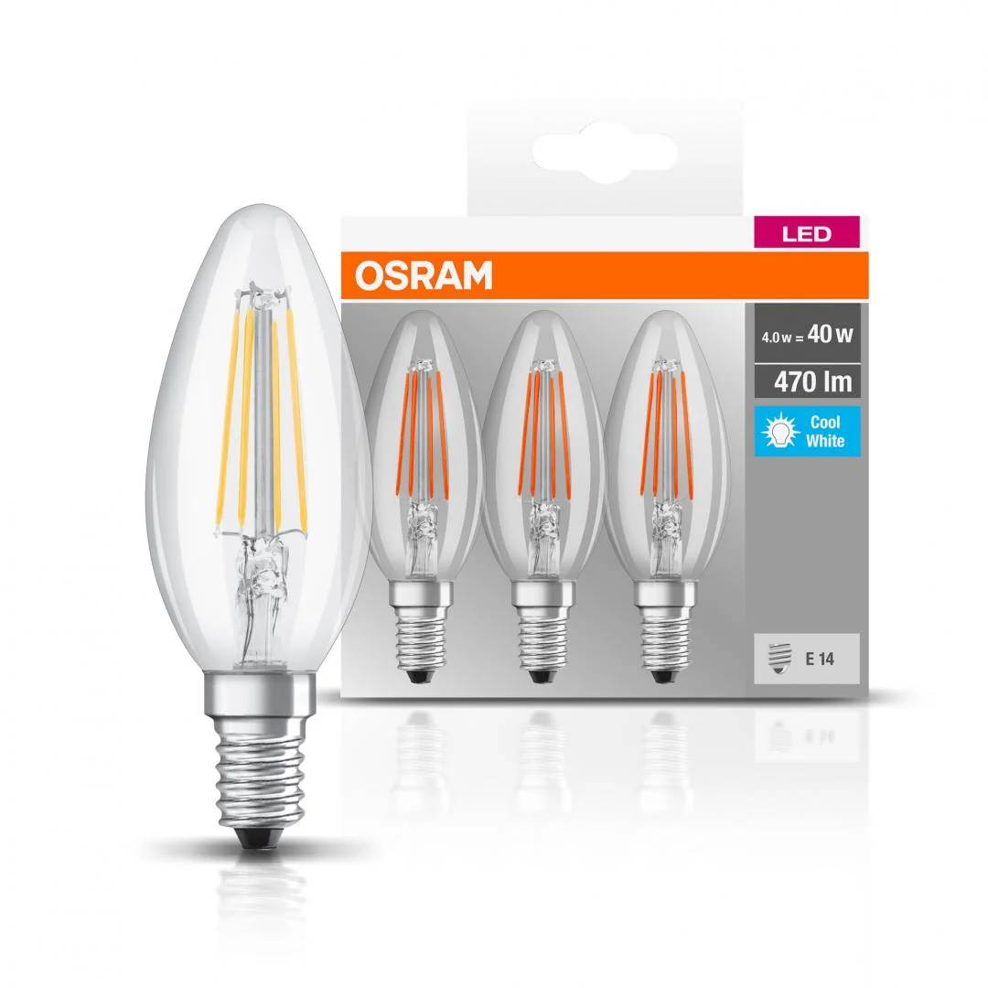 3 Becuri LED Osram Base Classic B, E14, 4W (40W), 470 lm, luminaneutra(4000K), cu filament Osram
