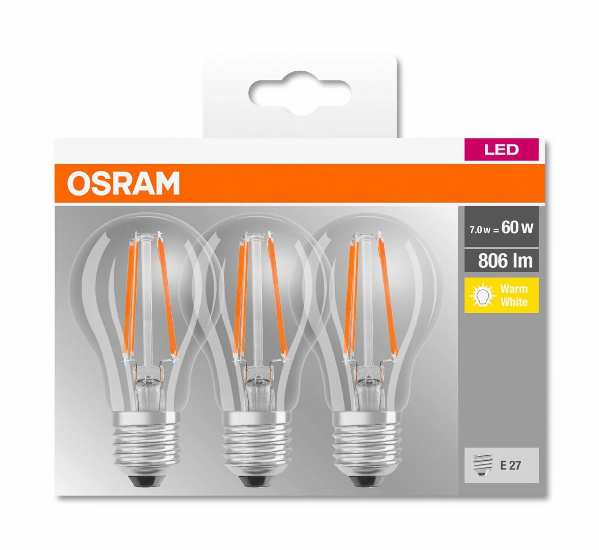3 Becuri LED Osram Base Classic A, E27, 7W (60W), 806 lm, lumina calda (2700K), cu filament Osram