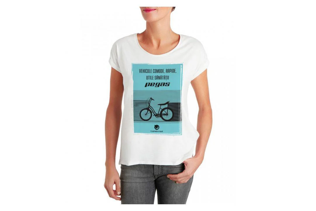 Tricou Pegas femei, model vehicule comode, rapide, utile sanatatii, marime M, culoare galben Pegas