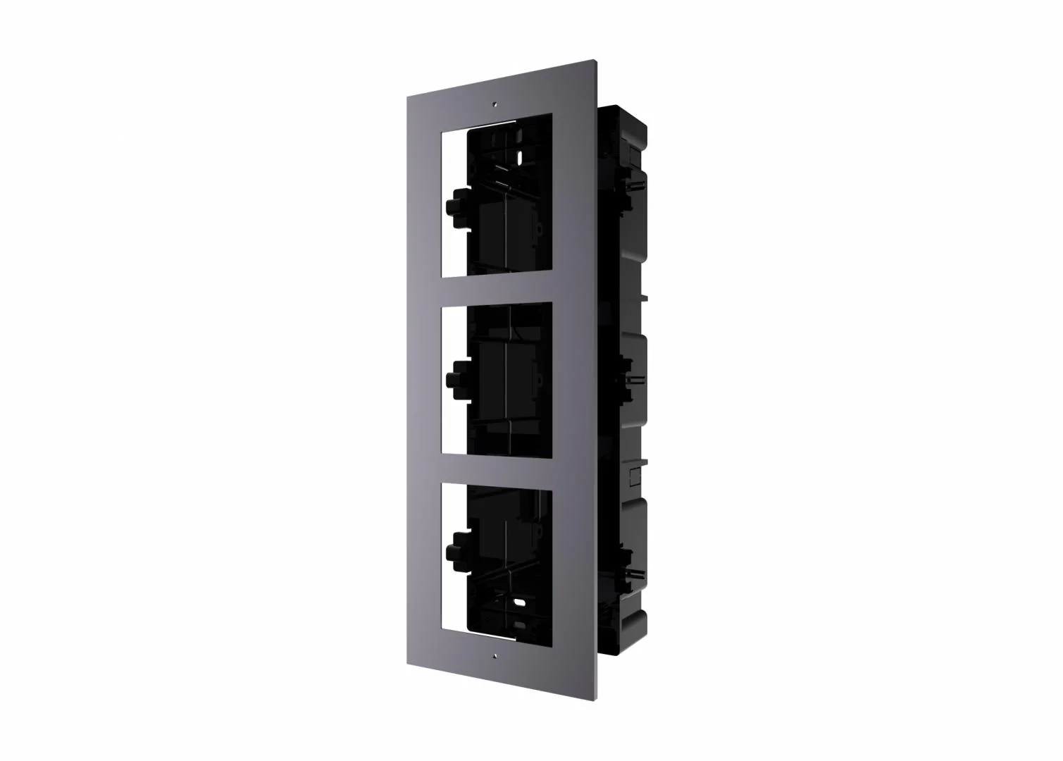 Panou frontal pentru 3 module videointerfon modular Hikvision DS-KD-ACF3; permite conectarea a 3 module de videointerfon modular; mo ntareincastrata; material aluminiu, doza de plastic inclusa; dimensiuni:337.8mm x 124mm Ć 4mm;