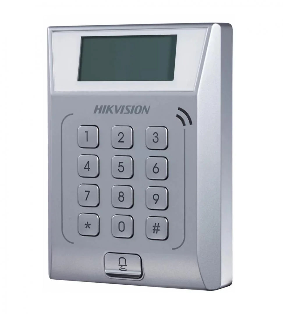 Cititor standalone cu tastatura si card proximitate Hkvision DS-K1T802M, suporta cartele MIFAE, capacitate 3000 carduri si 10000 evenimente, autentificare: card, card si  parola,display 128x64, Exit Button × 1, Door Sensor × 1, Doorbell × 1, E-lock