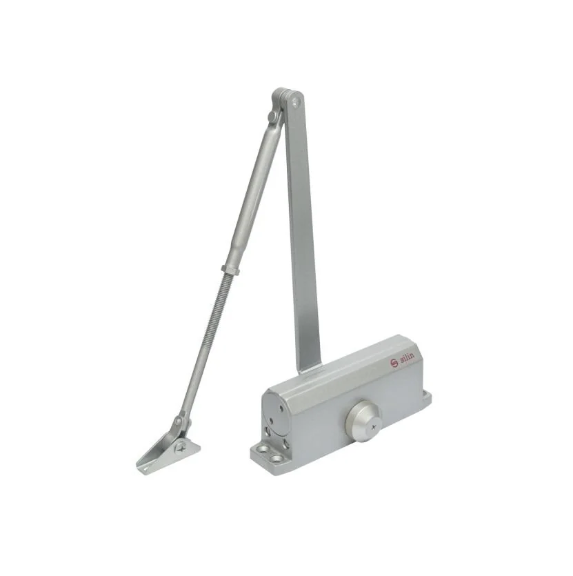 Amortizor hidraulic cu brat SA-6033AW-sv, argintiu; Pentru: usi cu greutatea de 40-65 kg; latime usa ≤950mm; Ulei hidraulic termostabil; Viteza de inchidere reglabila; Montare universala: stanga sau dreapta; Culoare: argintiu; Deschidere usa la 180°;