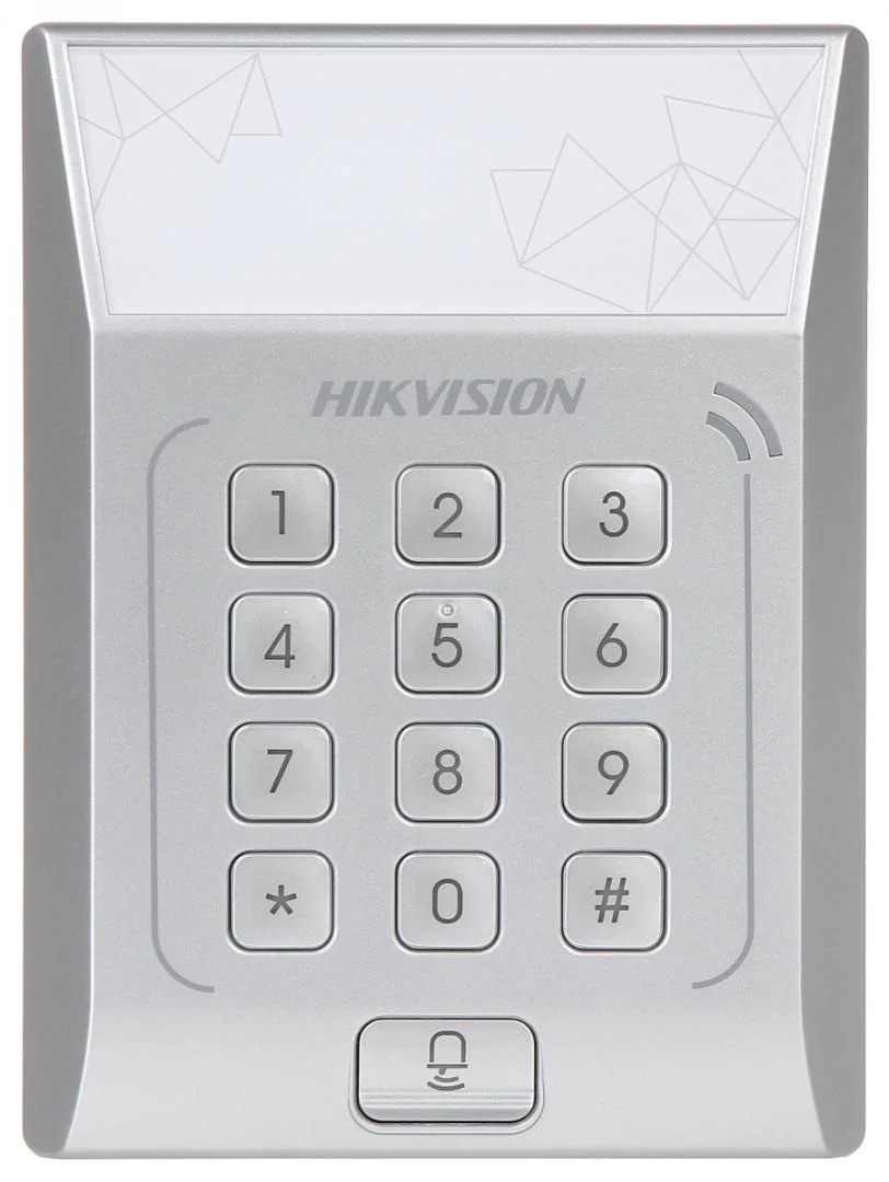 Cititor standalone cu tastatura si card de proximitate Hikvision, DS- K1T801M; suporta cartele MIFARE, Capacitate 3000 cartele, Autentificare: card sau card si parola; Intrari: buton de iesire x1, contact de usa x1; Iesiri: sonerie x1, incuietoare