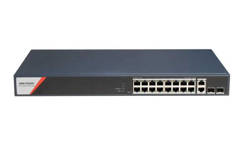 Switch PoE Hikvision DS-3E1520HP-SI-16P2T2F: 16 x 10/100/1000 PoE Ports, 2 ร 10/100/1000 Mbps RJ45, 8 porturi PoE maxim 90W, buget PoE 230W, tensiune alimentare: 100-240V~ 50/60Hz 4 A, dimensiuni: 440 mm ร 44 mm ร 220.8 mm, greutate: 2.73kg, montare pe