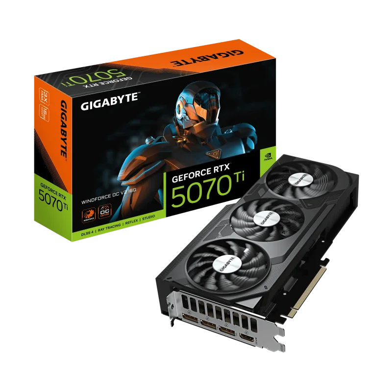 GIGABYTE GeForce RTX 5070 Ti WINDFORCE OC V2 16G. Graphics processor family: NVIDIA, Graphics processor: GeForce RTX 5070 Ti, Processor frequency: 2497 MHz. Discrete graphics card memory: 16 GB, Graphics card memory type: GDDR7, Memory bus: 256 bit,