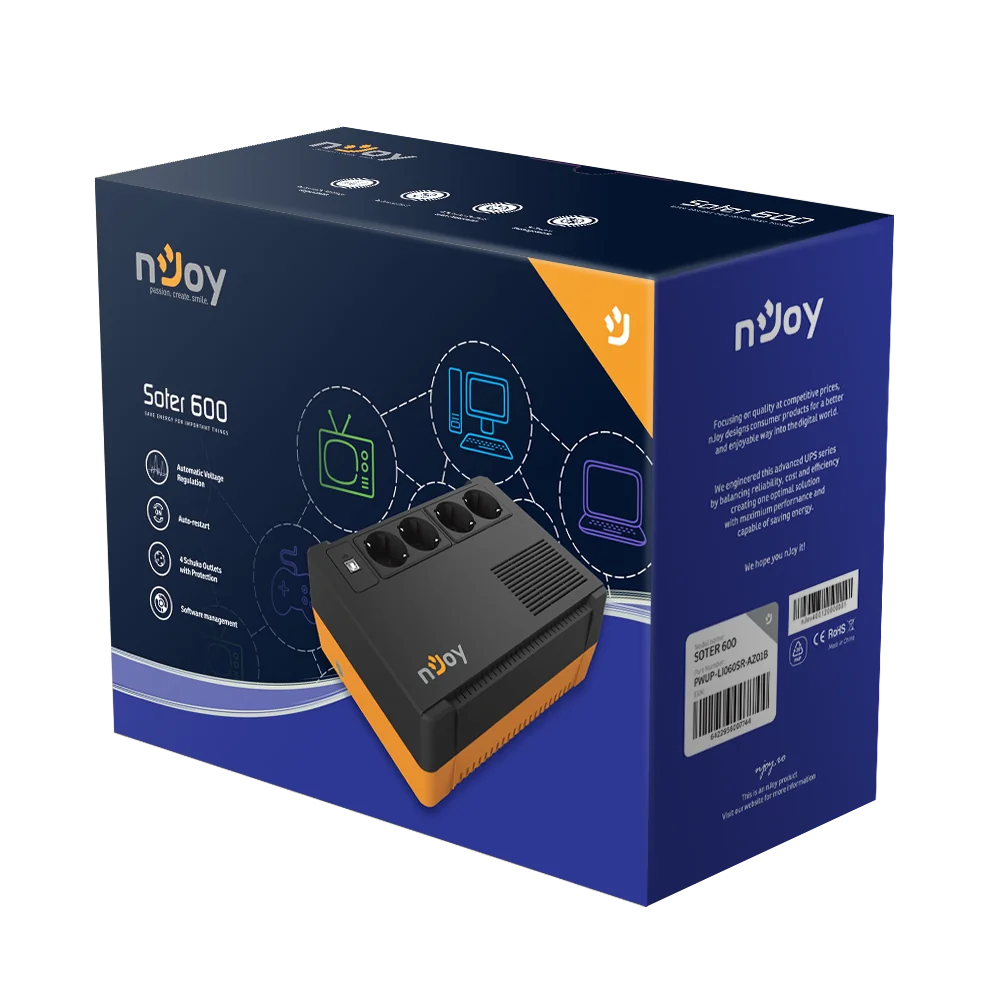 UPS nJoy Soter 600, 600VA/ 360W, 4 Prize Schuko cu protectie