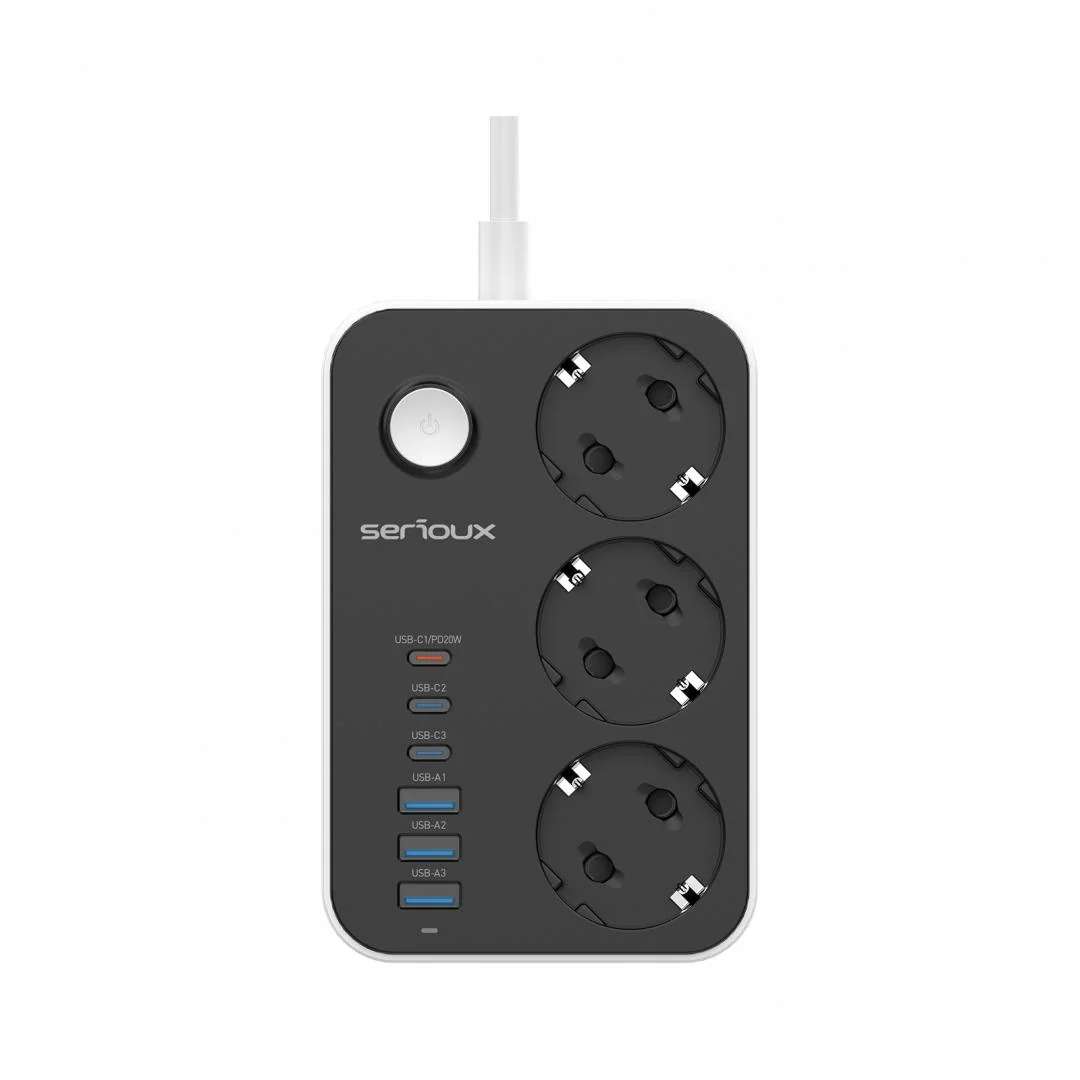 Prelungitor cu protectie Serioux SRXP-PS36B, 3 prize schuko Tensiune intrare: 100-240V, 50-60Hz Tensiune ieşire (total): 2500W – 10A 6 porturi USB (auto max): 15.5W USB-C2/C3/A1/A2/A3 - 12W USB-C1-20W Amperaj port USB (max): 3.4A Funcţie auto ID