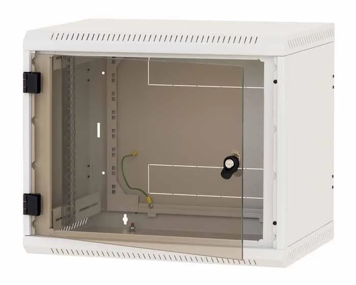 Rack de perete Triton sectiune simpla 12U 600mm adancime usa sticla panouri laterale fixe sectiuni ventilatie activa, sectiuni acces cabluri sus/jos/spate securizare cu cheie, 1 pereche montanti reglabili IP30 gri