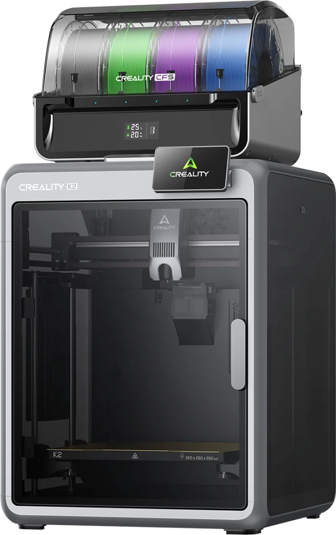CREALITY K2 COMBO FDM 3D PRINTER, include un sistem CFS multi-color, suporta pana la 4 sisteme CFS - 16 culori, Tehnologie: FDM, Volum printare: 260 × 260 × 260 mm, 18.3 kg, Viteza printare / accelerare: 600 mm/s, 20000 mm/s², Temperatura duza: 300 °C,