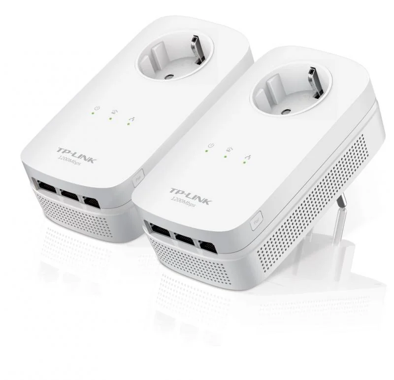 Tp-link AV1200 3-Port Gigabit Passthrough Powerline Starter Kit, 1200Mbps Powerline Datarate, Line-Neutral/Line-Ground 2*2 MIMO, 3 Gigabit Ethernet ports, HomePlug AV2, Green Powerline,  Plug and Play, Twin Pack