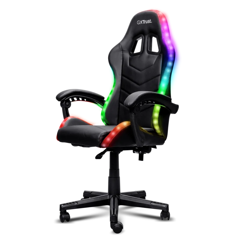 Scaun gaming Trust GXT 704 Roniq RGB, 5 roti, gas lift clasa 3, ajustabil pe inaltime, material PU leather, greutate maxima suportat 110 kg, negru