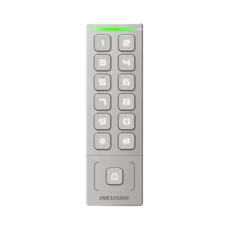 Cititor de proximitate cu tastatura Hikvision DS-K1T809EX, card sau PIN, maxim 1000 carduri si 1000 useri, cititor pentru carduri EM incorporat, Wiegand out, supports Wiegand 26/34, alimentare: 12 VDC, 1 A,  protectie: IP65, dimensiunii: 151 mm × 48 mm ×