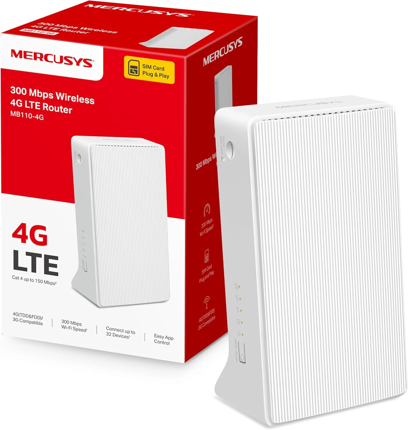 Mercusys 300 Mbps Wireless 4G LTE Portable Router, Cat 4 150/50 Mbps DL/UL, EEE 802.11b/g/n, wireless security WPA-PSK / WPA2-PSK