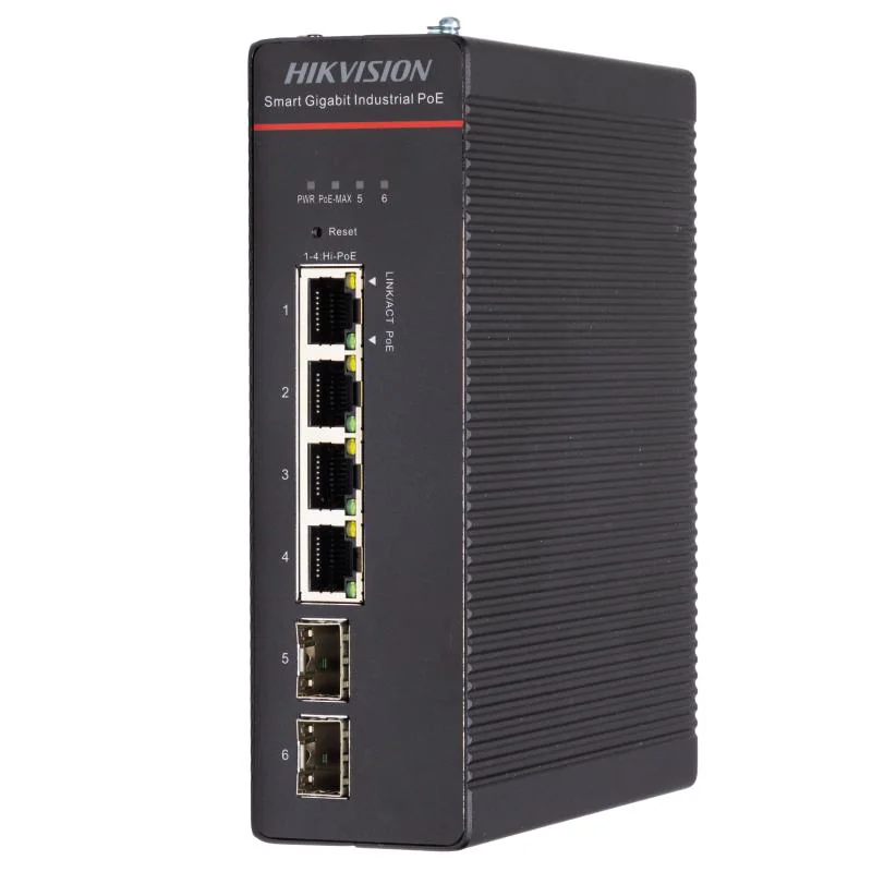 Switch PoE Hikvision DS-3T1506HP-SI-4P2F: 4 x Gigabit Hi-PoE RJ45 Ports, 2 Ć Gigabit SFP Fiber Optical Ports, 4 porturi Hi-PoE maxim 90W, buget PoE 300W, tensiune alimentare: 48 V DC, 57 A / 52 V~57 V recommended input voltage to ensure stable power