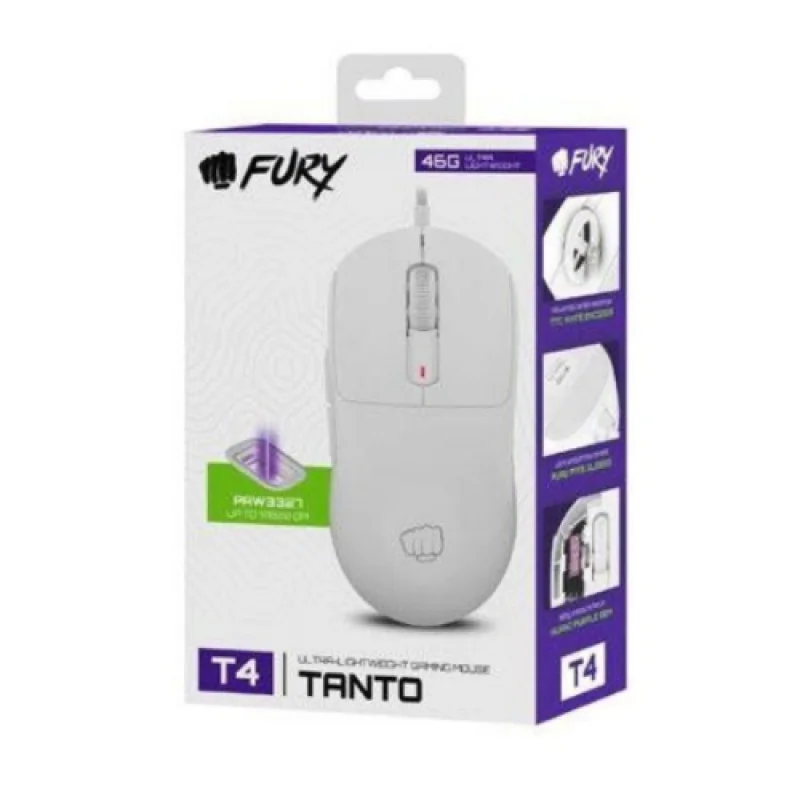 Mouse gamging cu fir Fury Tanto T4, rezolutie 12000DPI, senzor Pixart PAW3327, switch Huano Purple 90M, alb Fury