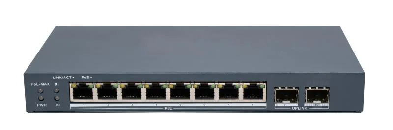 Switch PoE Hikvision DS-3E1510P-EI/M-8P2F: 8 × Gigabit PoE port,2 × Gigabit Fiber Optical port, 8 porturi PoE maxim 30W, buget PoE 80W, tensiune alimentare 54VDC, 1.6A, dimensiuni: 217.6 mm × 27.6 mm × 108.5 mm, greutate: 1.08kg, montare pe birou sau pe