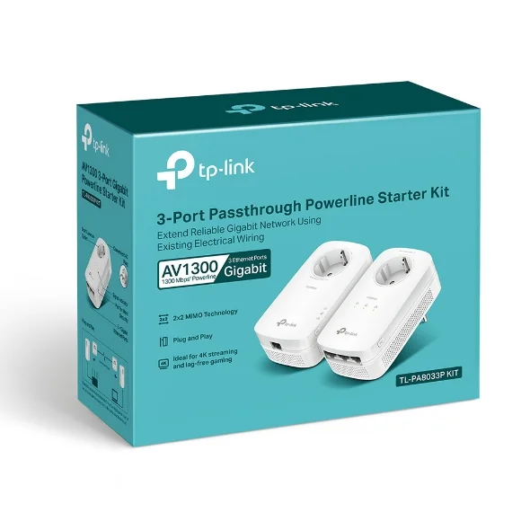 AV600 Passthrough Powerline Starter Kit KIT: 2× MP300P SPEED: 600 Mbps Powerline SPEC: 1× 10/100Mbps Port, Wall Plugged, HomePlug AV2, Extra Power Socket FEATURE: Plug and Play, Power Saving, Pair for More Security