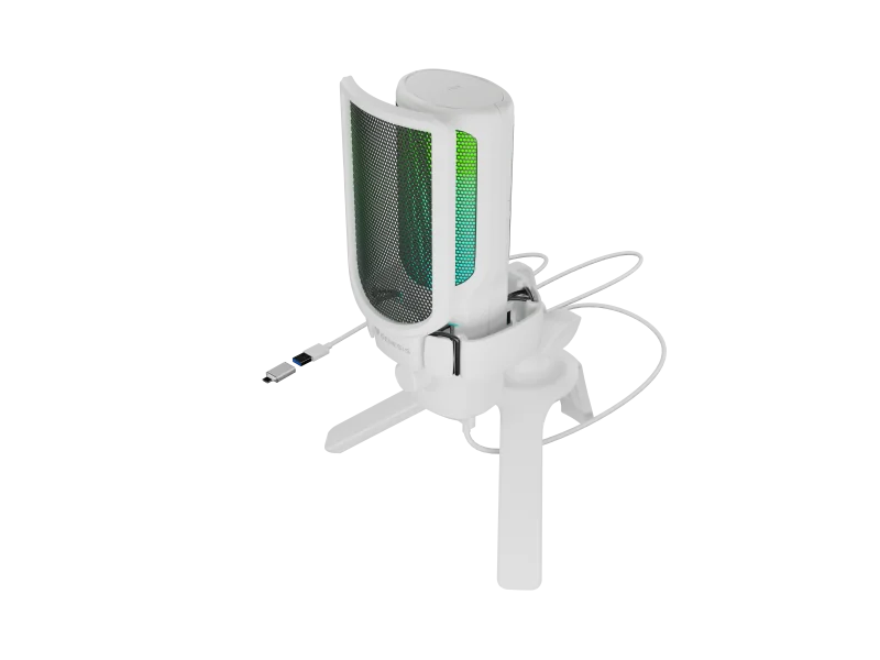 Microfon Genesis Radium 250, tip Condenser, model cardioid, suport fix, conectivitate USB-C, raspuns in frecventa 50 - 16.000 Hz, sensibilitate 40 dB, lungime cablu 200 cm, alb