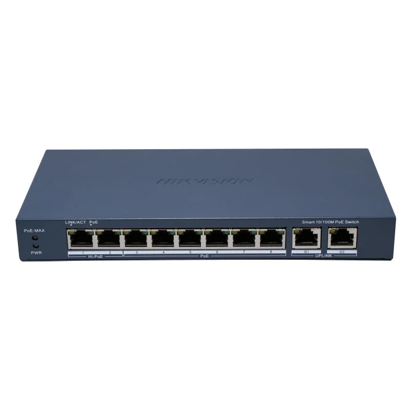 Switch PoE Hikvision DS-3E1310HP-EI(B): 8 x 10/100M PoE Ports, 2 x Gigabit Uplink Ports, 8 porturi PoE maxim 90W, buget PoE 110W, tensiune alimentare 54 VDC, 2.22 A, dimensiuni: 217.6 mm × 27.6 mm × 108.5 mm, greutate: 0.55kg, montare pe birou sau pe