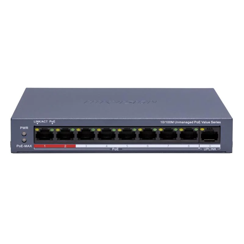 Switch POE 8 porturi Hikvision DS-3E0109P-E/M(C), fara management; 8 x 10/100 Mbps PoE port,1 Γ 10/100 Mbps RJ45 port, IEEE 802.3af;IEEE 802.3at, PoE power budget 80W, distanta transmisie: 300m;