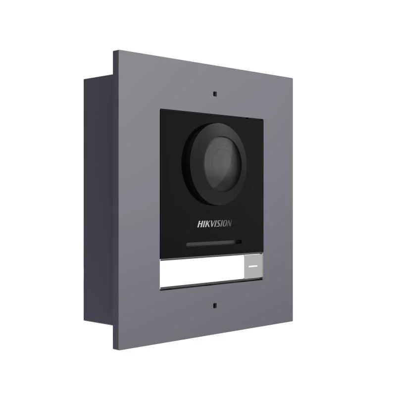 Post exterior modular videointerfon IP Hikvision DS-KD8003-IME1(B)/FL, montaj ingropat, 1 buton, 2000 de utilizatori, autentificare prin card, IP65, alimentare: 12 VDC, 500 mA, IEEE 802.3af, PoE, dimensiuni: 99.76 mm × 98 mm × 42.04 mm, greutate: