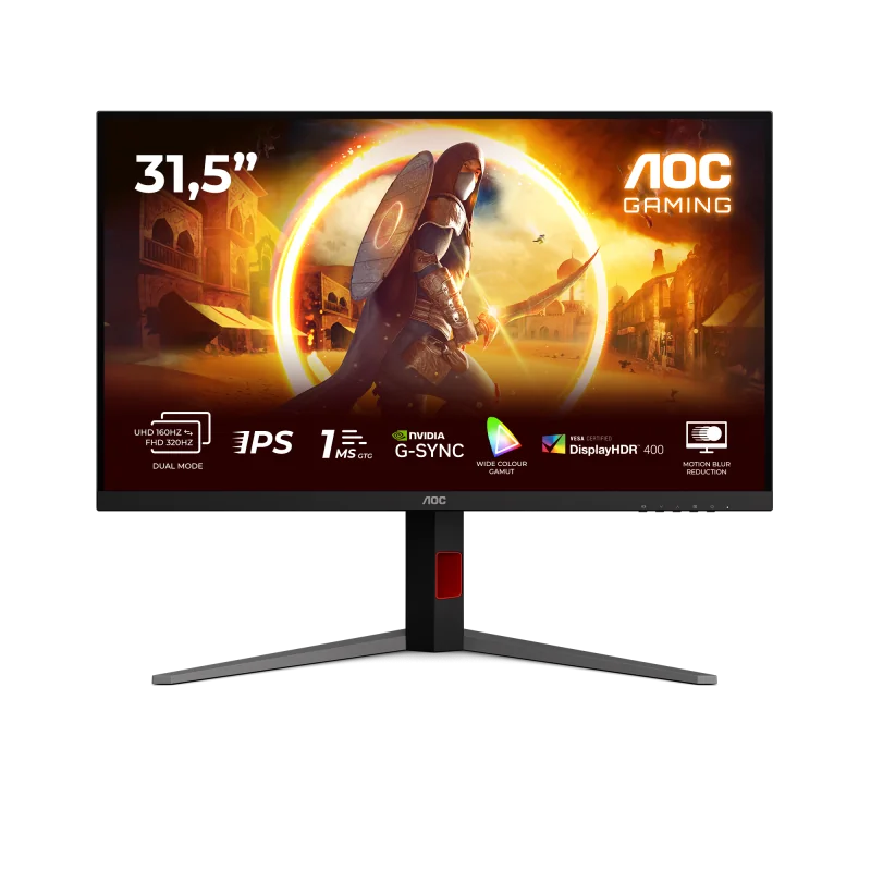 Monitor AOC 31.5" U32G4U, Diagonal (inch): 31.5, Diagonal (cm): 80, Aspect ratio: 16:9, Panel: Fast IPS, Resolution: 3840x2160, Refresh Rate: 160Hz, Response time GtG: 1ms, Response time MPRT: 0.5ms, Brightness (max): 450 cd/m², Contrast (static) :