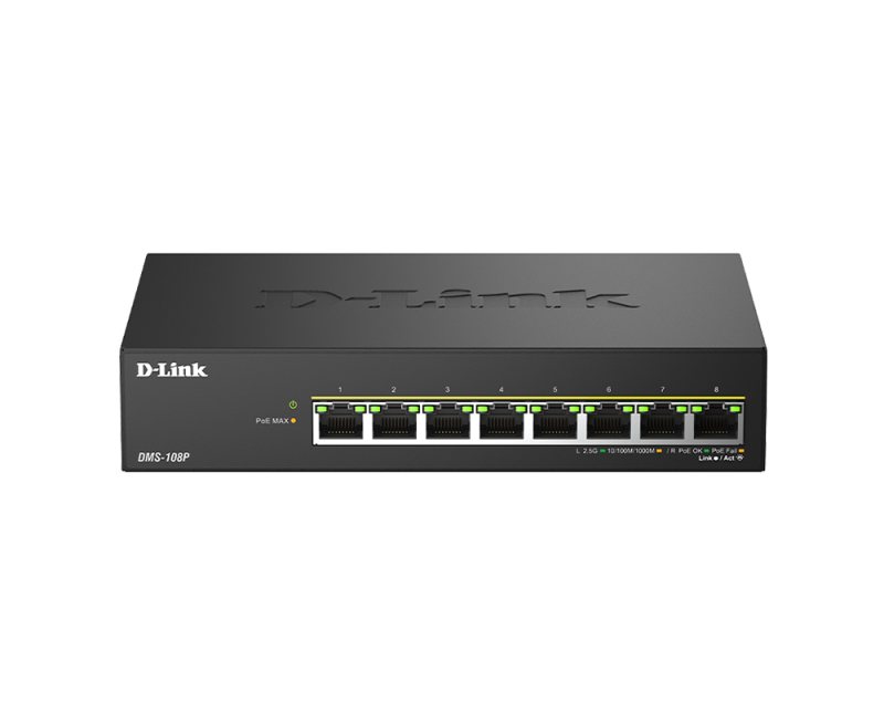 Switch DLink DMS-108P, 8 porturi, PoE, 8 x RJ-45, Auto MDI/MDIX adjustment for all ports, viteza de transfer LAN 2.5 Gbps, ca